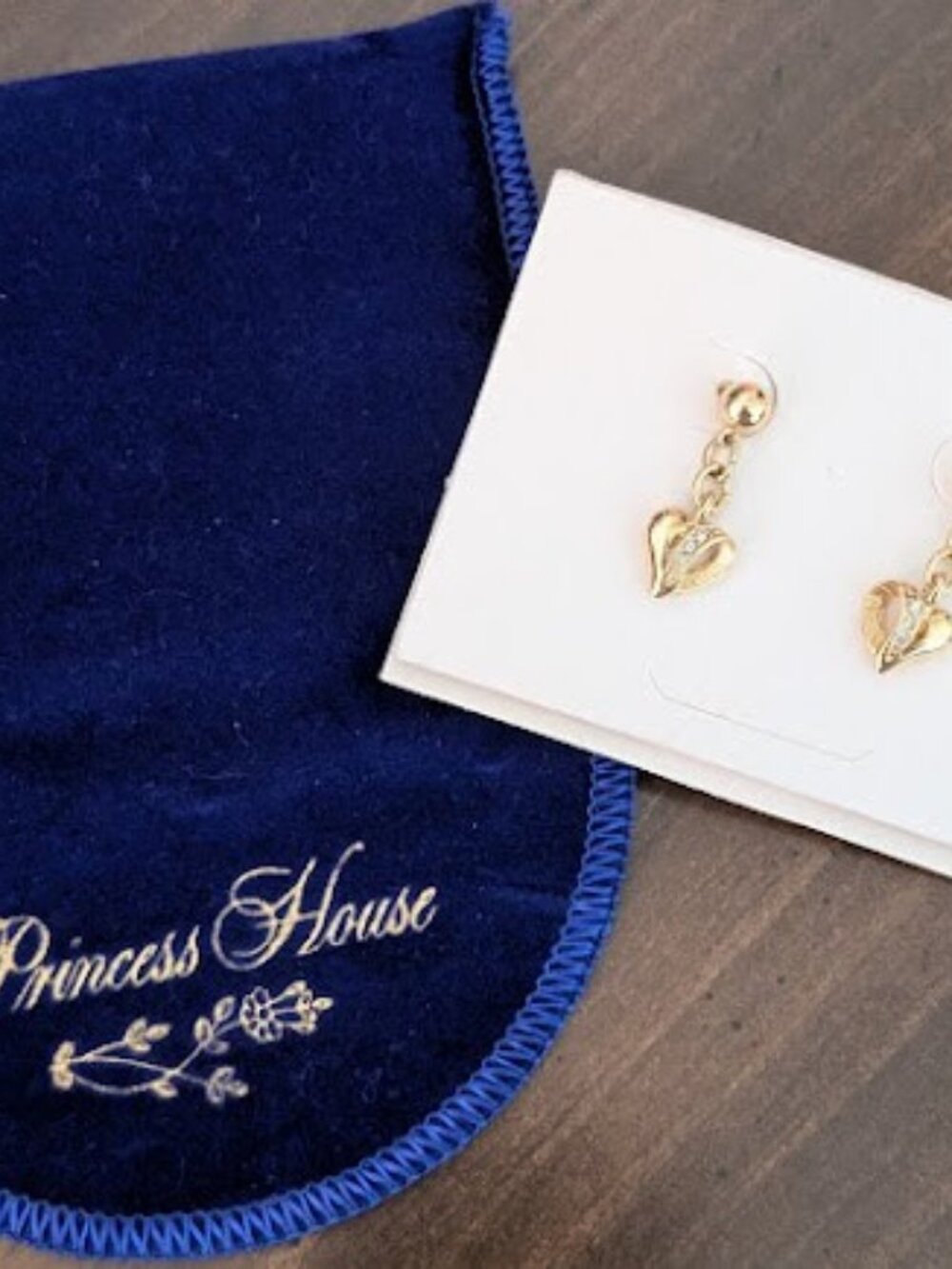 Princess House Gold Tone Dangle Heart Earrings Sparkle Accents Box Pouch NWT